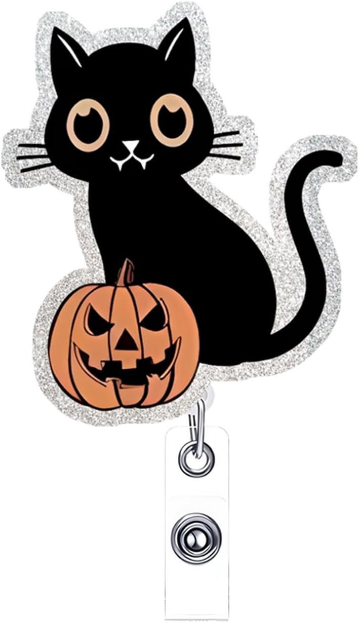 NSSHEL Halloween Badge Reels Retractable ID Name Badge Holder Cute Black Cat with Pumpkin Acrylic Badge Clip with Alligator Clip for Nurses Doctors Office Worker Social Worker Student Supplies - Image 1